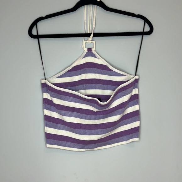 H&M Divided Women's Purple and Cream Stripped Ribbed Cropped Halter Top Large - Picture 3 of 5